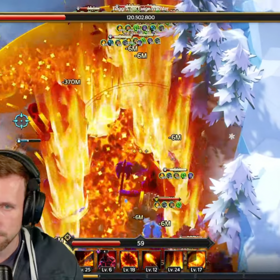 Soulstone Survivors: Kampfszene mit Feuer- und Eiseffekten sowie eingeblendeter Facecam von STFlow.