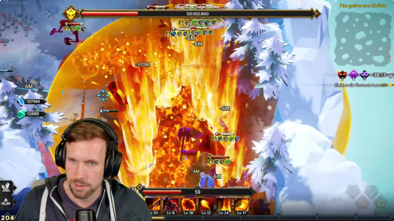 Soulstone Survivors: Kampfszene mit Feuer- und Eiseffekten sowie eingeblendeter Facecam von STFlow.