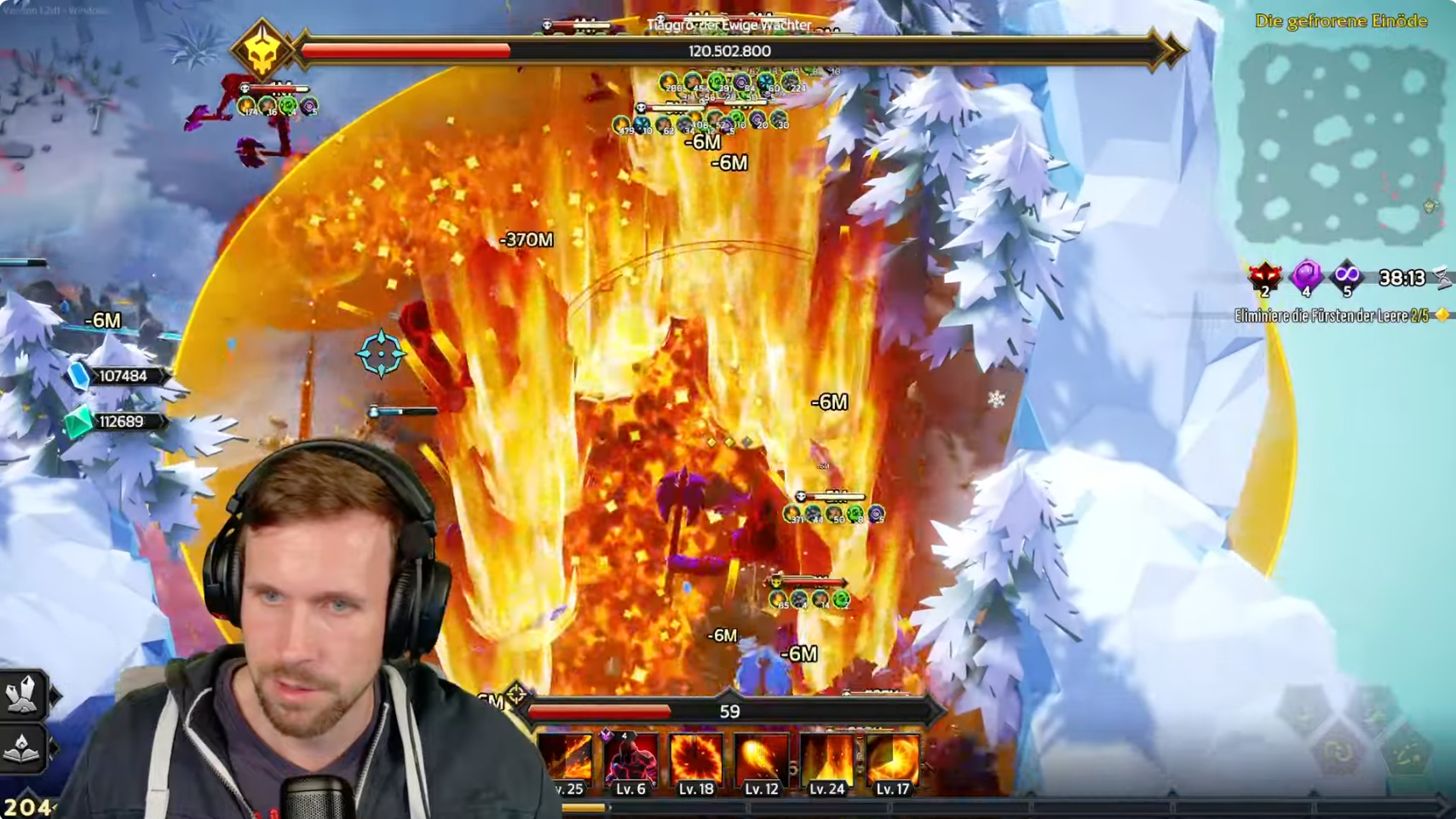 Soulstone Survivors: Kampfszene mit Feuer- und Eiseffekten sowie eingeblendeter Facecam von STFlow.