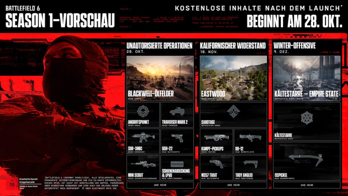 Special Stream zum Season 1 Start von Battlefield 6 - heute einschalten! 1 Die Season 1 von Battlefield 6 bietet einiges an Inhalt. Diese Infografik (Quelle 1) fast alles für Dich zusammen.