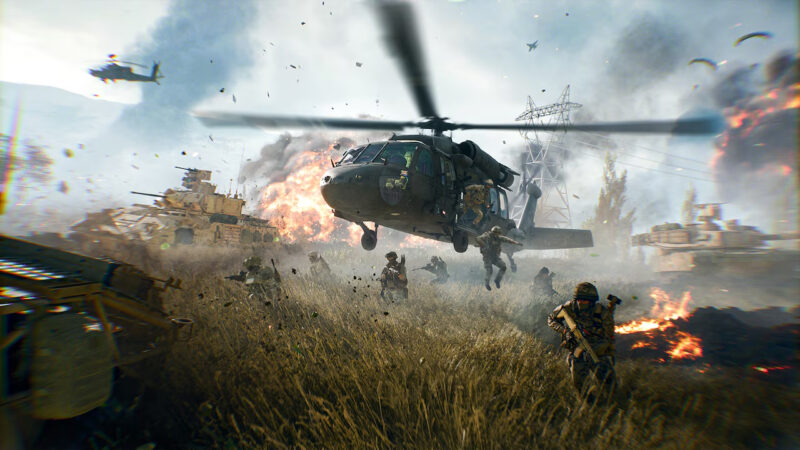 Ein Hubschrauber setzt ein paar Truppen auf dem Schlachtfeld von Battlefield 6 ab.