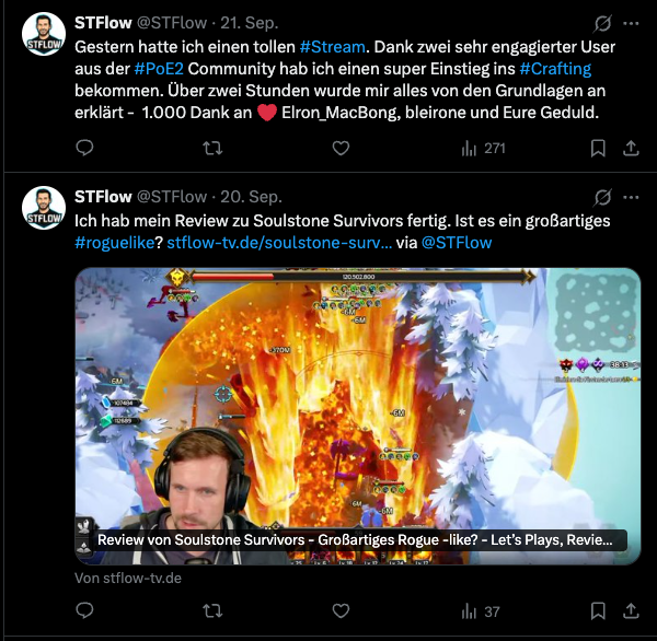 Vier Monate Streamer – mein kritischer Erfahrungsbericht bis Oktober 2025 1 X/Twitter Posts von STFlow. Manche Hashtags bringen viel Reichweite, manche bringen so gut wie nix.