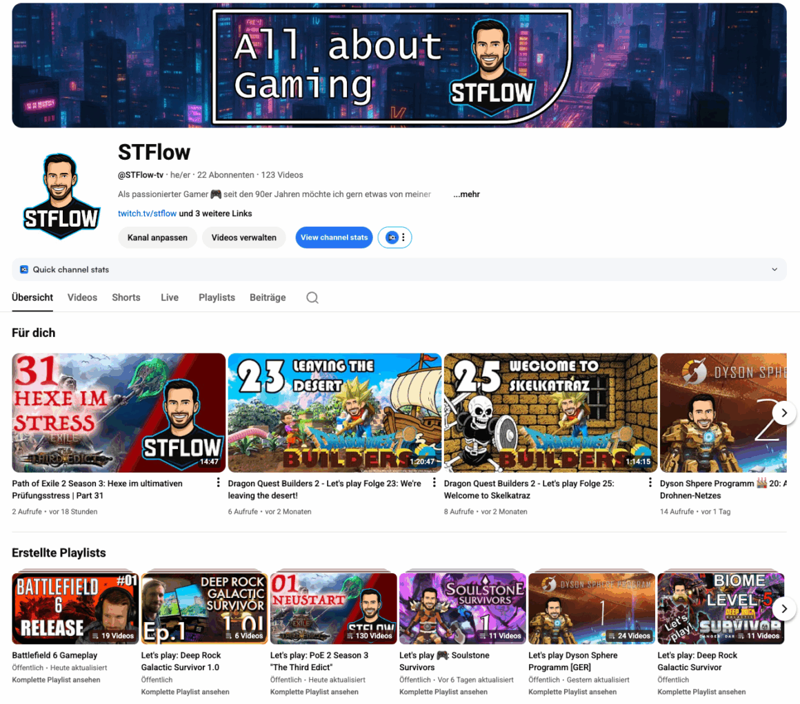 Vier Monate Streamer – mein kritischer Erfahrungsbericht bis Oktober 2025 2 YouTube Startseite von STFlow. 22 Abos, 123 öffentliche Videos.
