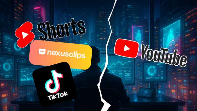 Vergleichsgrafik mit YouTube-Shorts-, TikTok- und Nexus-Clips-Logos links sowie YouTube rechts.