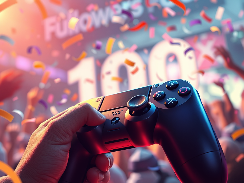 Danke für 100 Twitch-Follower! 1 100 Twitch-Follower feiern – Twitch-Stream, Gamepad, Konfetti, Community-Vibes