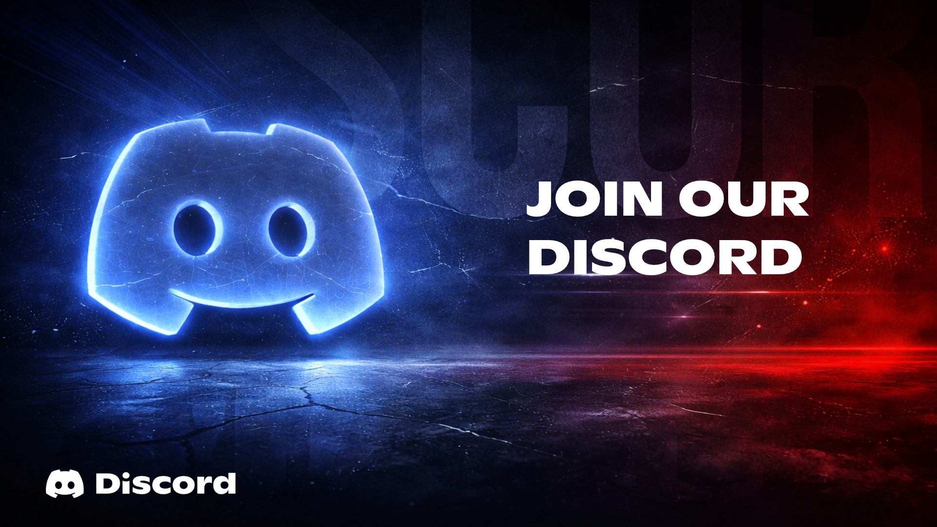 Leuchtendes Discord-Logo neben dem Schriftzug „Join our Discord“ auf dunklem Hintergrund.