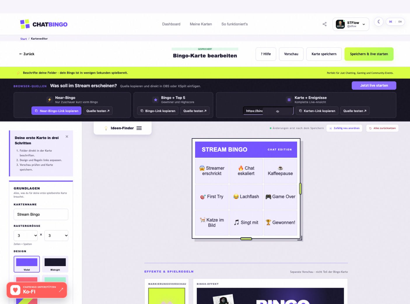 ChatBingo: Mach deinen Stream zum Bingo für die Community 2 ChatBingo-Karteneditor mit einer 3×3-Bingo-Karte und Einstellungen für Raster und Design.