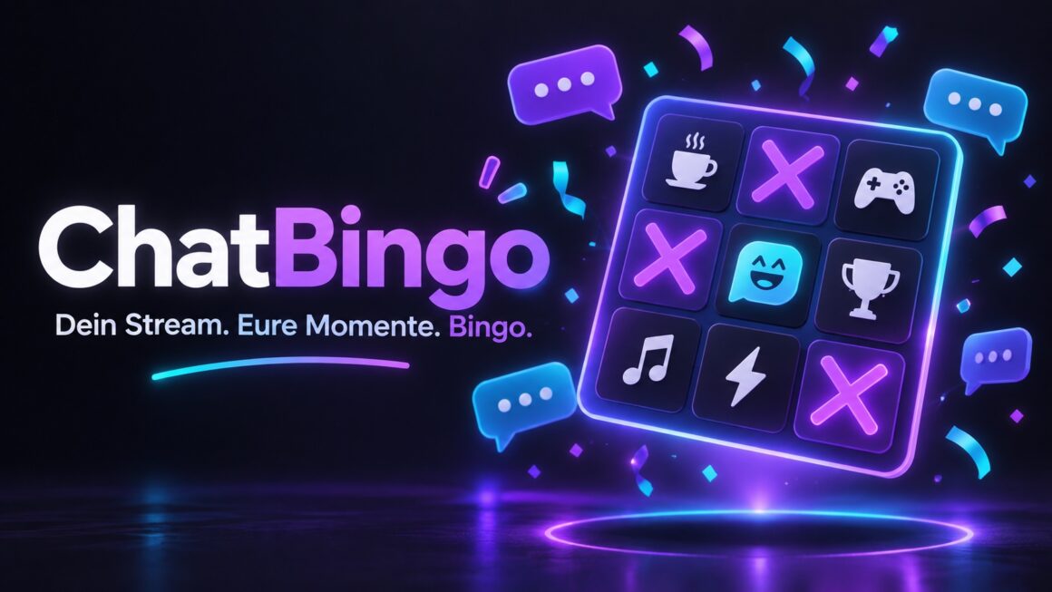 ChatBingo – Dein Stream. Eure Momente. Bingo. Illustration einer Bingo-Karte mit Stream-Symbolen in Violett und Cyan.