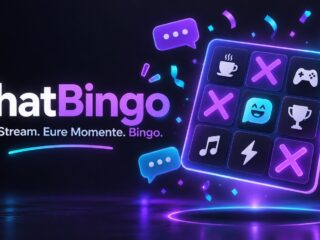ChatBingo – Dein Stream. Eure Momente. Bingo. Illustration einer Bingo-Karte mit Stream-Symbolen in Violett und Cyan.