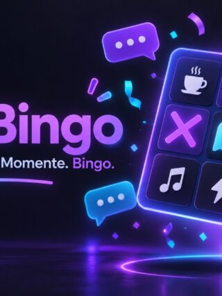 ChatBingo – Dein Stream. Eure Momente. Bingo. Illustration einer Bingo-Karte mit Stream-Symbolen in Violett und Cyan.