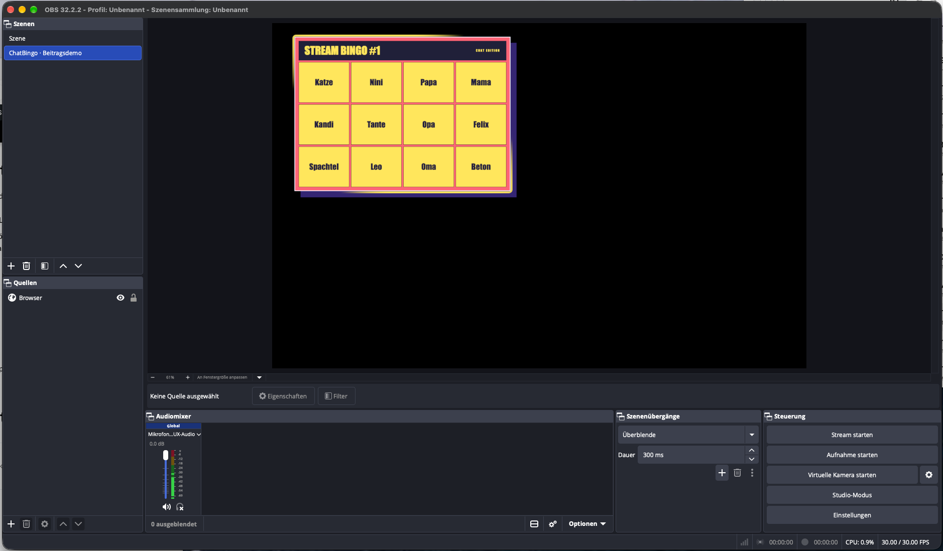 ChatBingo: Mach deinen Stream zum Bingo für die Community 3 ChatBingo als OBS Bingo Overlay: Browserquelle mit einer gelben Bingo-Karte in der Szenenvorschau von OBS Studio.