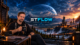Streamer STFlow sitzt mit Kaffeetasse vor futurischer Landschaft aus Bergen, Wasserfällen und Sci‑Fi‑Industrieanlagen – Gaming für Berufstätige, Aufbau‑, Survival‑ und Action‑Spiele.