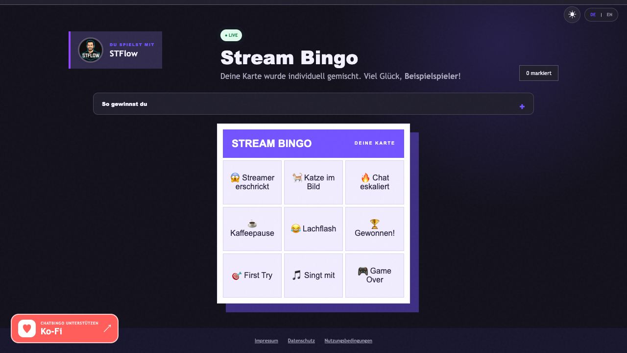 ChatBingo: Mach deinen Stream zum Bingo für die Community 5 ChatBingo-Zuschaueransicht mit individuell gemischter 3×3-Bingo-Karte für Beispielspieler.