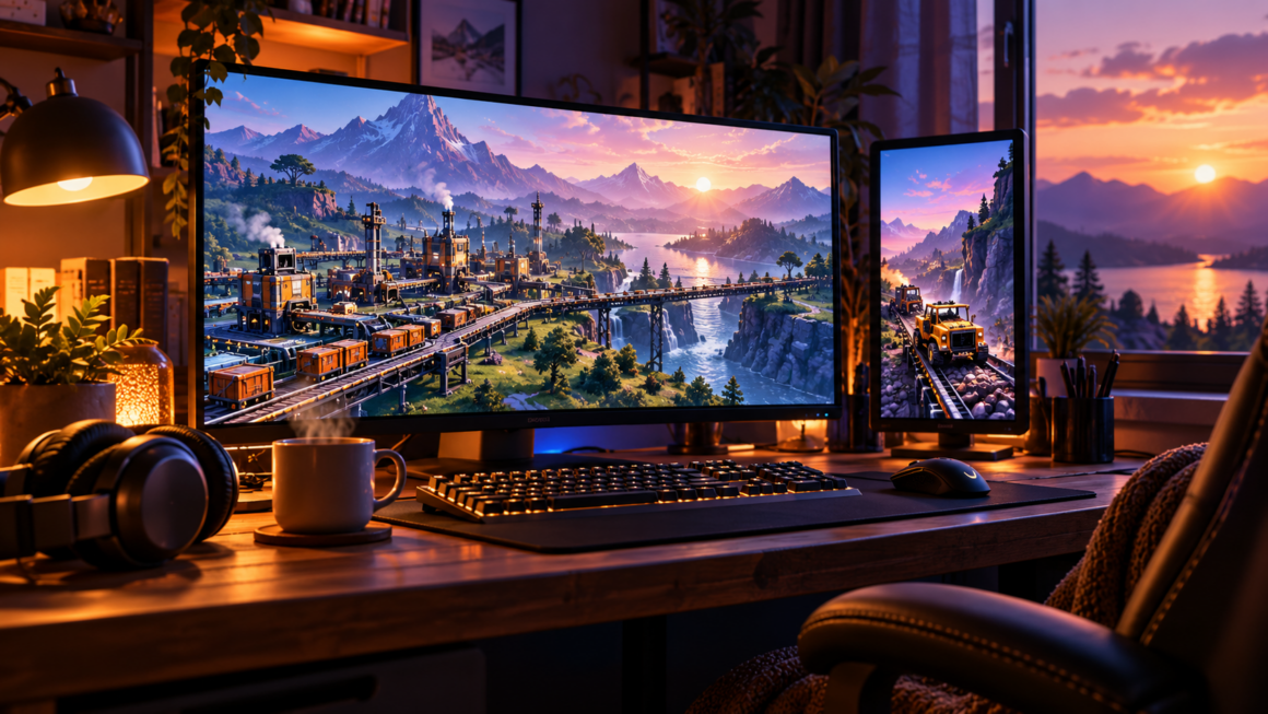 Gemütlicher Gaming-Schreibtisch am Feierabend mit Kaffee, Kopfhörern und einer Fabriklandschaft auf zwei Monitoren.